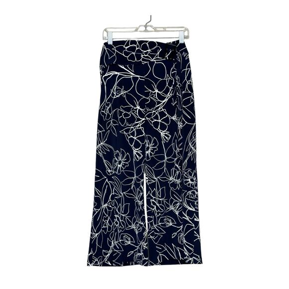 Joseph Ribkoff navy blue white floral wide legs belted crop pants size 14 - Picture 11 of 13